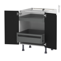 Meuble de cuisine - Bas - IPOMA Noir mat - 2 portes 2 tiroirs à l'anglaise - L60 x H70 x P58 cm