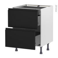 Meuble de cuisine - Casserolier - IPOMA Noir mat - 2 tiroirs 1 tiroir à l'anglaise - L60 x H70 x P58 cm