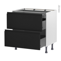 Meuble de cuisine - Casserolier - IPOMA Noir mat - 2 tiroirs 1 tiroir à l'anglaise - L80 x H70 x P58 cm