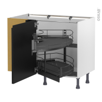 Meuble de cuisine - Angle bas - IPOMA Noir mat - Demi lune coulissant EPOXY - Tirant gauche 1 porte L60 cm mobile - L100 x H70 x P58 cm