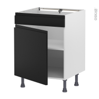 Meuble de cuisine - Bas - Faux tiroir haut - IPOMA Noir mat - 1 porte - L60 x H70 x P58 cm