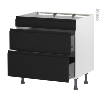 Meuble de cuisine - Casserolier - Faux tiroir haut - IPOMA Noir mat - 2 tiroirs - L80 x H70 x P58 cm