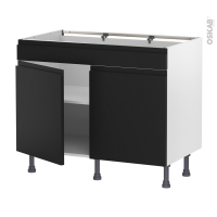 Meuble de cuisine - Bas - Faux tiroir haut - IPOMA Noir mat - 2 portes - L100 x H70 x P58 cm