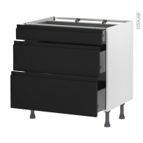 Meuble de cuisine - Casserolier - IPOMA Noir mat - 3 tiroirs - L80 x H70 x P58 cm