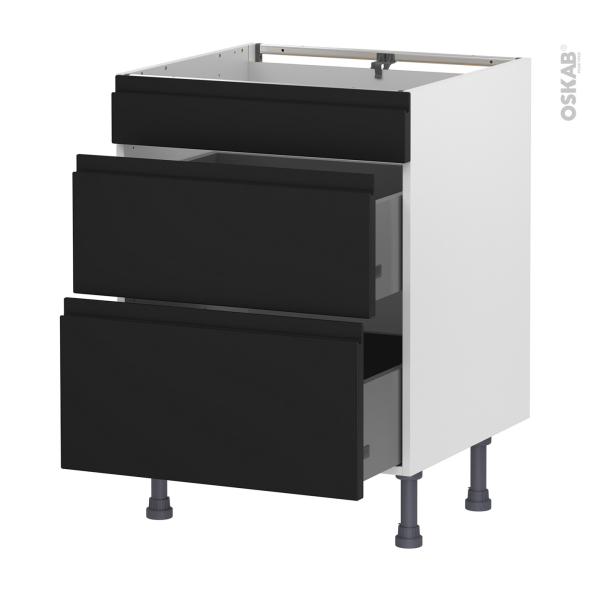 Meuble de cuisine - Casserolier - Faux tiroir haut - IPOMA Noir mat - 2 tiroirs - L60 x H70 x P58 cm