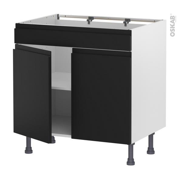Meuble de cuisine - Bas - Faux tiroir haut - IPOMA Noir mat - 2 portes - L80 x H70 x P58 cm