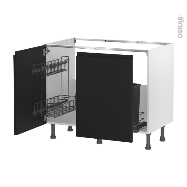 Meuble de cuisine Sous évier <br />IPOMA Noir mat, 2 portes lessiviel-poubelle coulissante , L100 x H70 x P58 cm 