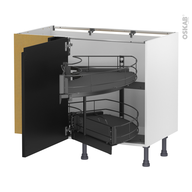 Meuble de cuisine Angle bas <br />IPOMA Noir mat, Demi lune coulissant EPOXY, Tirant gauche 1 porte L60 cm mobile, L100 x H70 x P58 cm 