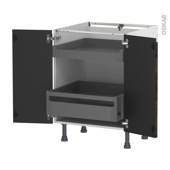 Meuble de cuisine - Bas - IPOMA Noyer - 2 portes 2 tiroirs à l'anglaise - L60 x H70 x P58 cm