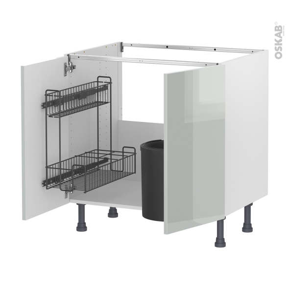 Meuble de cuisine - Sous évier - IVIA Gris - 2 portes lessiviel poubelle ronde - L80 x H70 x P58 cm