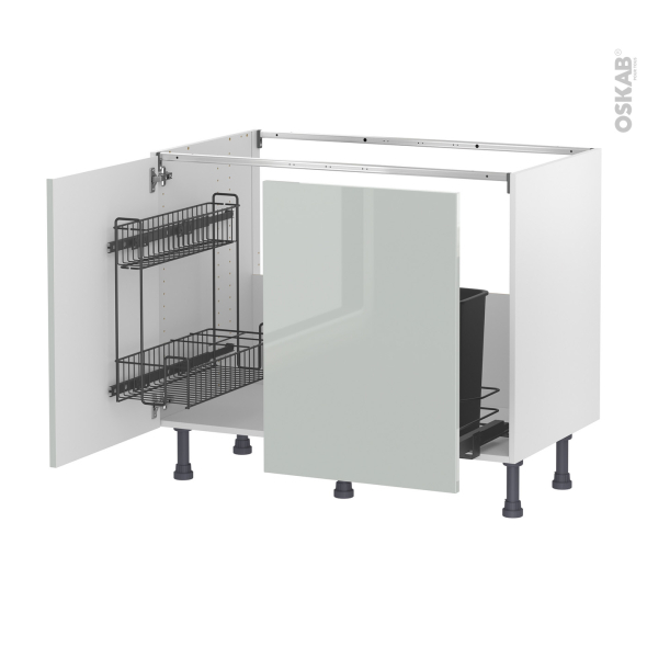 Meuble de cuisine - Sous évier - IVIA Gris - 2 portes lessiviel-poubelle coulissante  - L100 x H70 x P58 cm