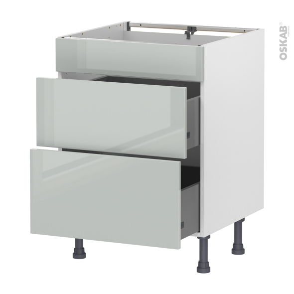 Meuble de cuisine - Casserolier - Faux tiroir haut - IVIA Gris - 2 tiroirs - L60 x H70 x P58 cm