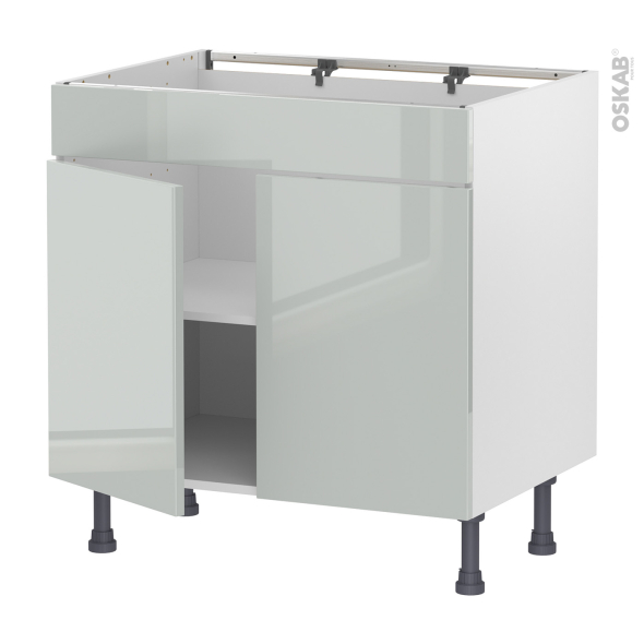 Meuble de cuisine - Bas - Faux tiroir haut - IVIA Gris - 2 portes - L80 x H70 x P58 cm