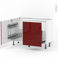 Meuble de cuisine - Sous évier - IVIA Rouge - 2 portes lessiviel-poubelle coulissante  - L120 x H70 x P58 cm