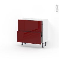 Meuble de cuisine - Casserolier - IVIA Rouge - 2 tiroirs 1 tiroir à l'anglaise - L80 x H70 x P37 cm