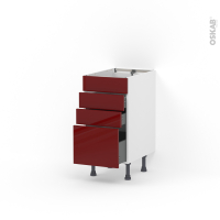 Meuble de cuisine - Casserolier - Faux tiroir haut - IVIA Rouge - 3 tiroirs - L40 x H70 x P58 cm