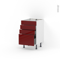 Meuble de cuisine - Casserolier - Faux tiroir haut - IVIA Rouge - 3 tiroirs - L50 x H70 x P58 cm