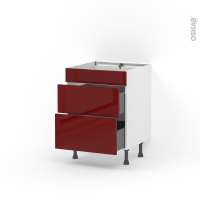 Meuble de cuisine - Casserolier - Faux tiroir haut - IVIA Rouge - 2 tiroirs - L60 x H70 x P58 cm