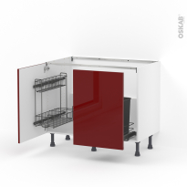 Meuble de cuisine - Sous évier - IVIA Rouge - 2 portes lessiviel-poubelle coulissante  - L100 x H70 x P58 cm