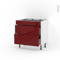 Meuble de cuisine - Casserolier - IVIA Rouge - 3 tiroirs - L80 x H70 x P58 cm