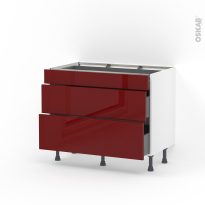 Meuble de cuisine - Casserolier - IVIA Rouge - 3 tiroirs - L100 x H70 x P58 cm