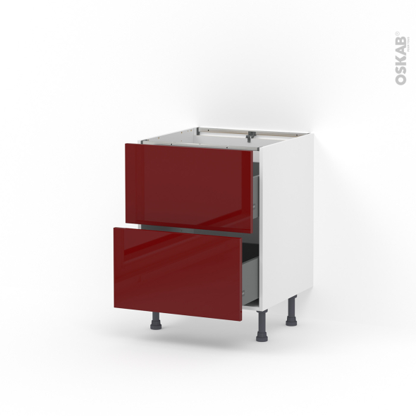 Meuble de cuisine - Casserolier - IVIA Rouge - 2 tiroirs - L60 x H70 x P58 cm