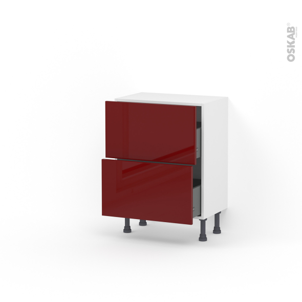 Meuble de cuisine - Casserolier - IVIA Rouge - 2 tiroirs - L60 x H70 x P37 cm