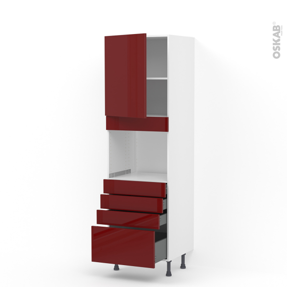 Colonne de cuisine N°2159 - Four encastrable niche 45  - IVIA Rouge - 1 porte 4 tiroirs - L60 x H195 x P58 cm