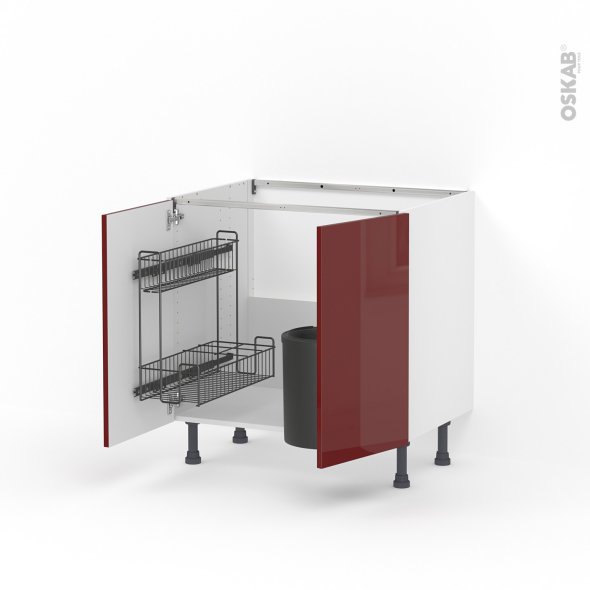 Meuble de cuisine - Sous évier - IVIA Rouge - 2 portes lessiviel poubelle ronde - L80 x H70 x P58 cm