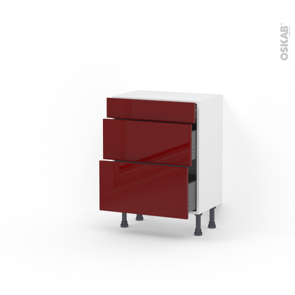 Meuble de cuisine - Bas - IVIA Rouge - 3 tiroirs - L60 x H70 x P37 cm