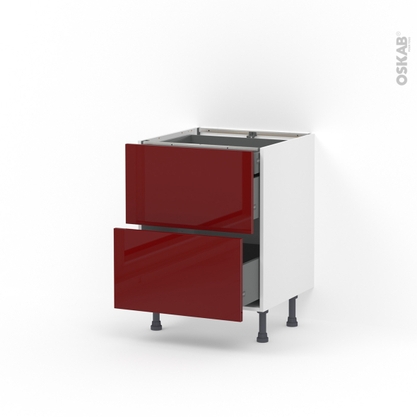 Meuble de cuisine - Casserolier - IVIA Rouge - 2 tiroirs 1 tiroir à l'anglaise - L60 x H70 x P58 cm