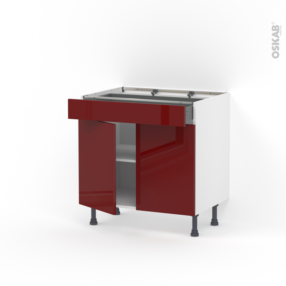 Meuble de cuisine - Bas - IVIA Rouge - 2 portes 1 tiroir - L80 x H70 x P58 cm
