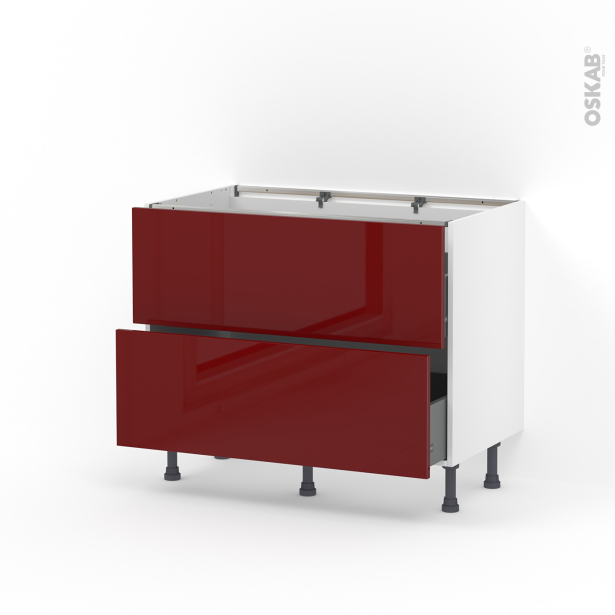 Meuble de cuisine Casserolier <br />IVIA Rouge, 2 tiroirs, L100 x H70 x P58 cm 