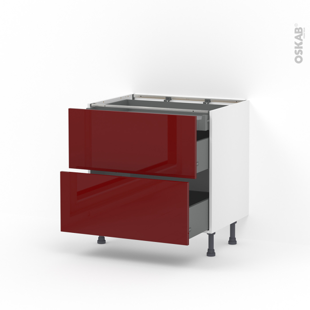 Meuble de cuisine Casserolier <br />IVIA Rouge, 2 tiroirs 1 tiroir à l'anglaise, L80 x H70 x P58 cm 