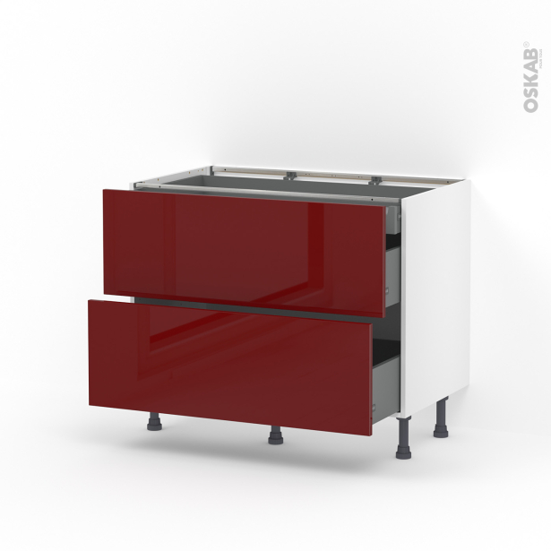 Meuble de cuisine Casserolier <br />IVIA Rouge, 2 tiroirs 1 tiroir à l'anglaise, L100 x H70 x P58 cm 