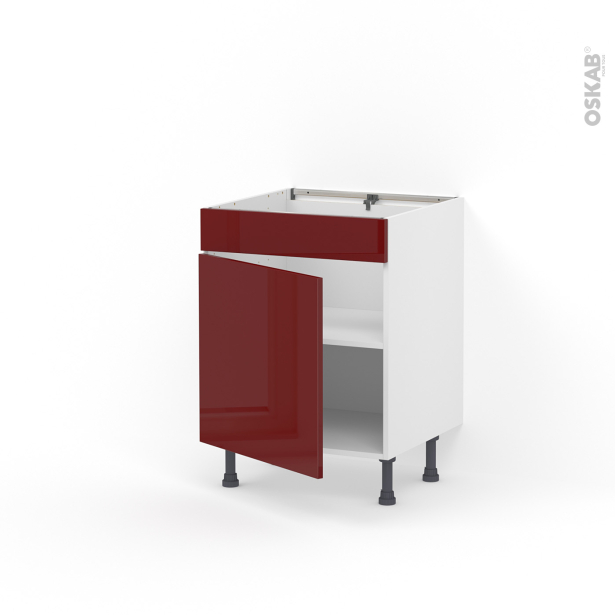 Meuble de cuisine Bas <br />Faux tiroir haut, IVIA Rouge, 1 porte, L60 x H70 x P58 cm 
