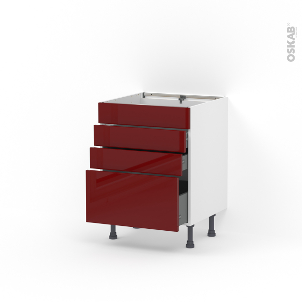 Meuble de cuisine Casserolier <br />Faux tiroir haut, IVIA Rouge, 3 tiroirs, L60 x H70 x P58 cm 