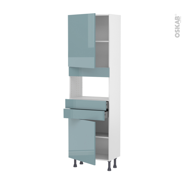 Colonne de cuisine N°2156 - MO encastrable niche 36/38 - KERIA Bleu - 2 portes 2 tiroirs - L60 x H195 x P37 cm