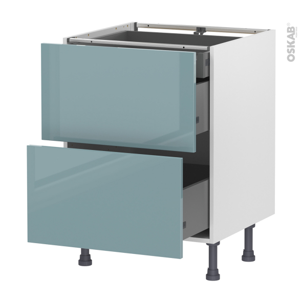 Meuble de cuisine - Casserolier - KERIA Bleu - 2 tiroirs 1 tiroir à l'anglaise - L60 x H70 x P58 cm