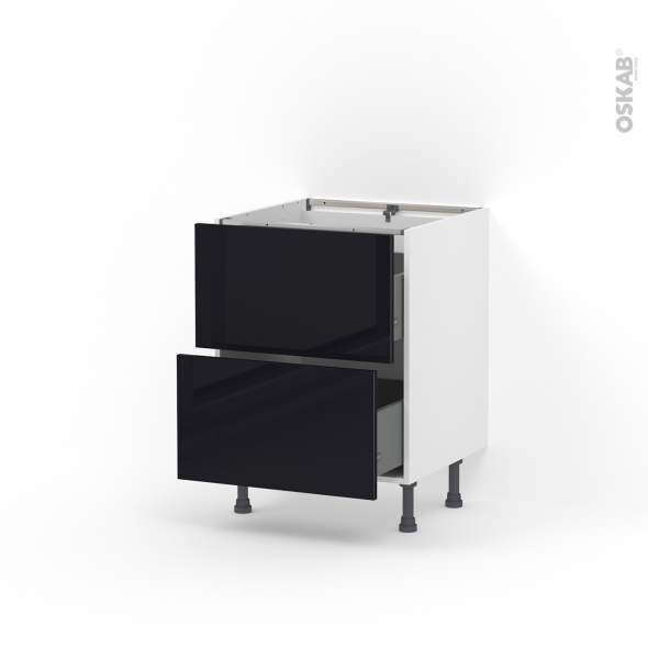 Meuble de cuisine - Casserolier - KERIA Noir - 2 tiroirs - L60 x H70 x P58 cm
