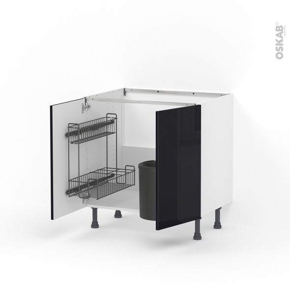 Meuble de cuisine - Sous évier - KERIA Noir - 2 portes lessiviel poubelle ronde - L80 x H70 x P58 cm