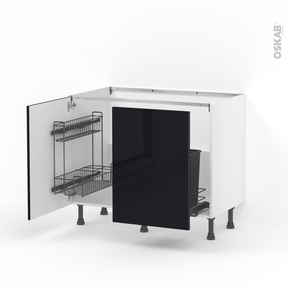 Meuble de cuisine - Sous évier - KERIA Noir - 2 portes lessiviel-poubelle coulissante  - L100 x H70 x P58 cm