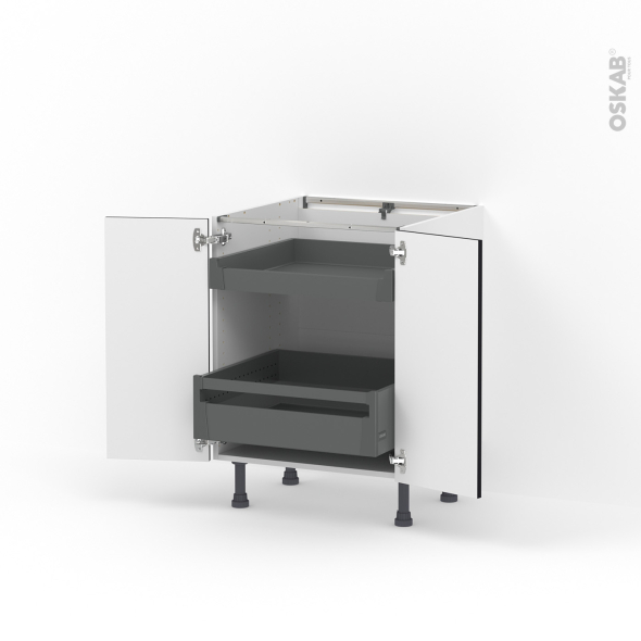 Meuble de cuisine - Bas - KERIA Noir - 2 portes 2 tiroirs à l'anglaise - L60 x H70 x P58 cm