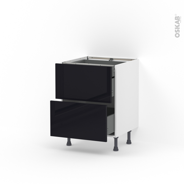 Meuble de cuisine - Casserolier - KERIA Noir - 2 tiroirs 1 tiroir à l'anglaise - L60 x H70 x P58 cm