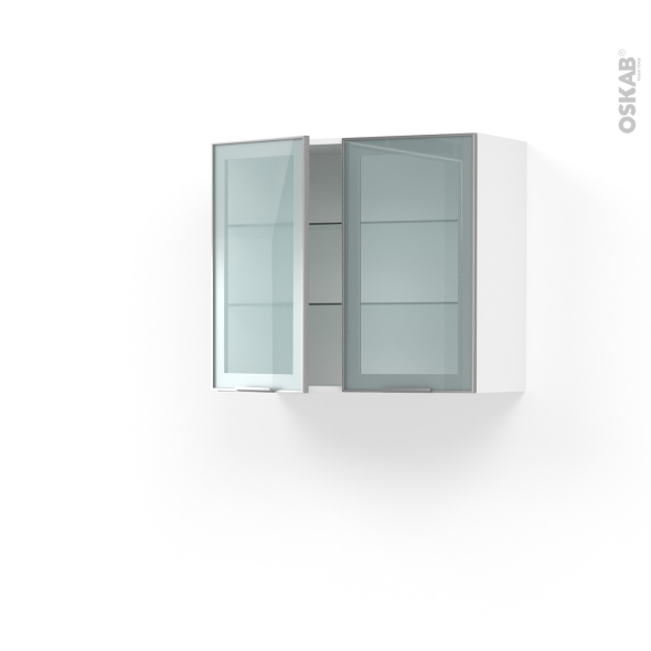 Meuble de cuisine - Haut ouvrant vitré  - Façade alu - 2 portes - L80 x H70 x P37 cm - SOKLEO