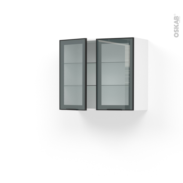 Meuble de cuisine - Haut ouvrant vitré - Façade noire alu - 2 portes - L80 x H70 x P37 cm - SOKLEO