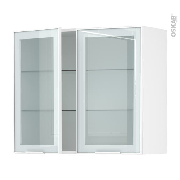 Meuble de cuisine - Haut ouvrant vitré - Façade blanche alu - 2 portes - L80 x H70 x P37 cm - SOKLEO