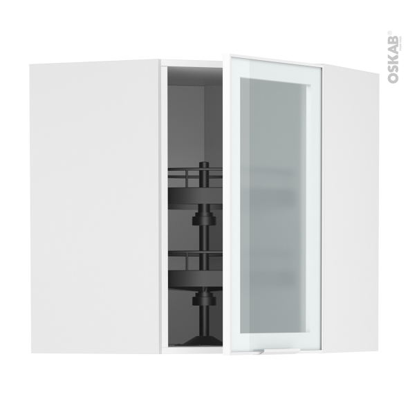 Meuble de cuisine - Angle haut vitré - Façade blanche alu - Tourniquet 1 porte N°19 L40 cm - L65 x H70 x P37 cm - SOKLEO