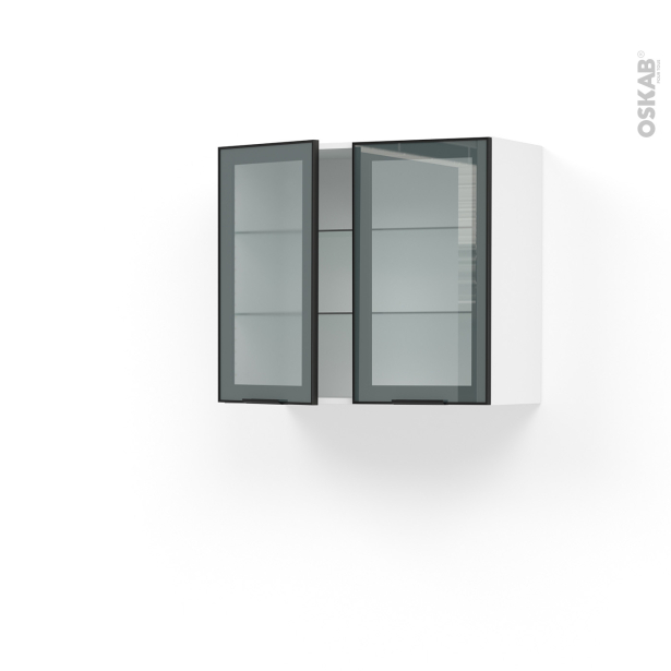Meuble de cuisine Haut ouvrant vitré <br />Façade noire alu, 2 portes, L80 x H70 x P37 cm, SOKLEO 