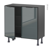 Meuble de cuisine gris - Bas vitré - Façade noire alu - 2 portes - L80 x H70 x P37 cm - SOKLEO